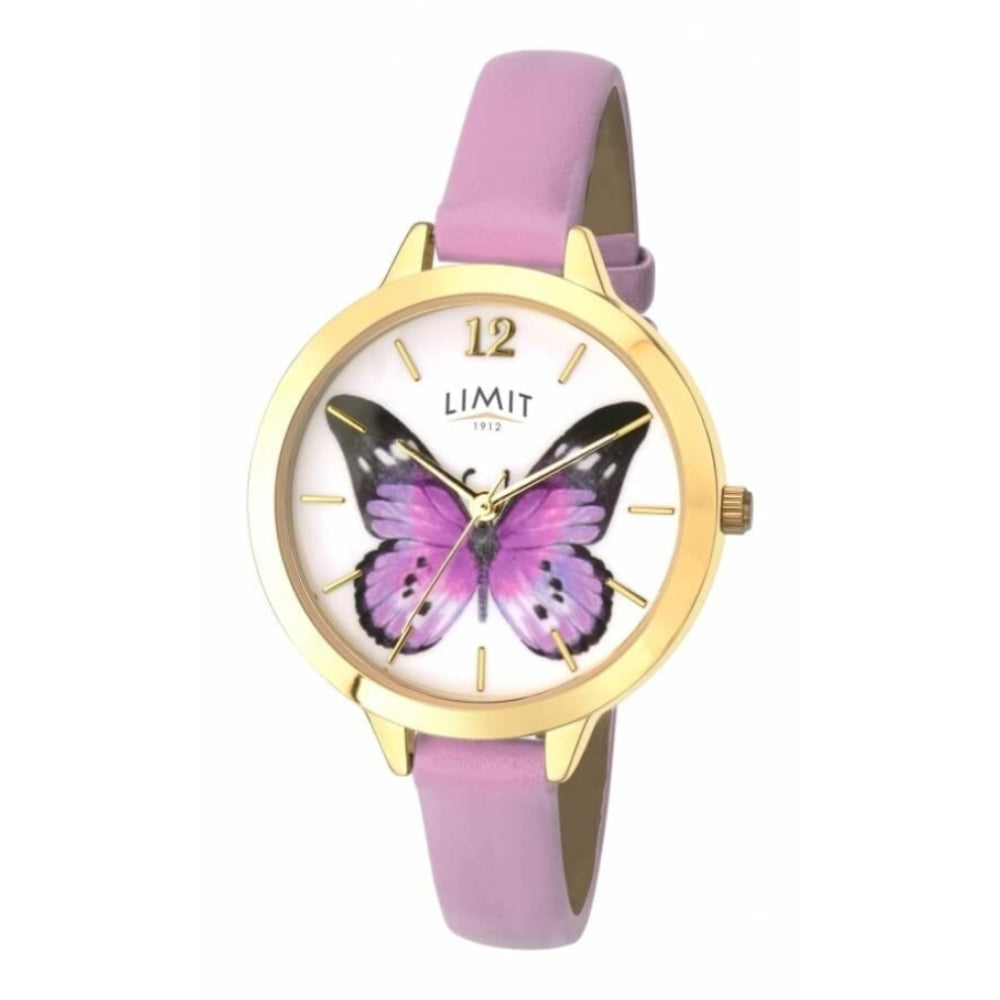 Rose Gold Tone Butterfly Print Dial & Purple PU Strap Ladies Watch