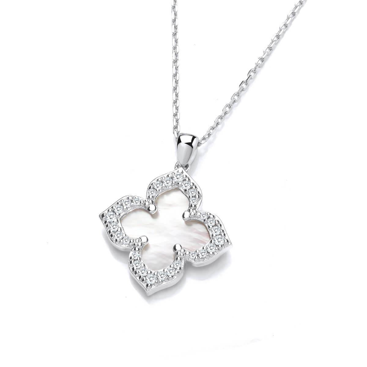 Silver & White MOP Vintage Style Clover Necklace
