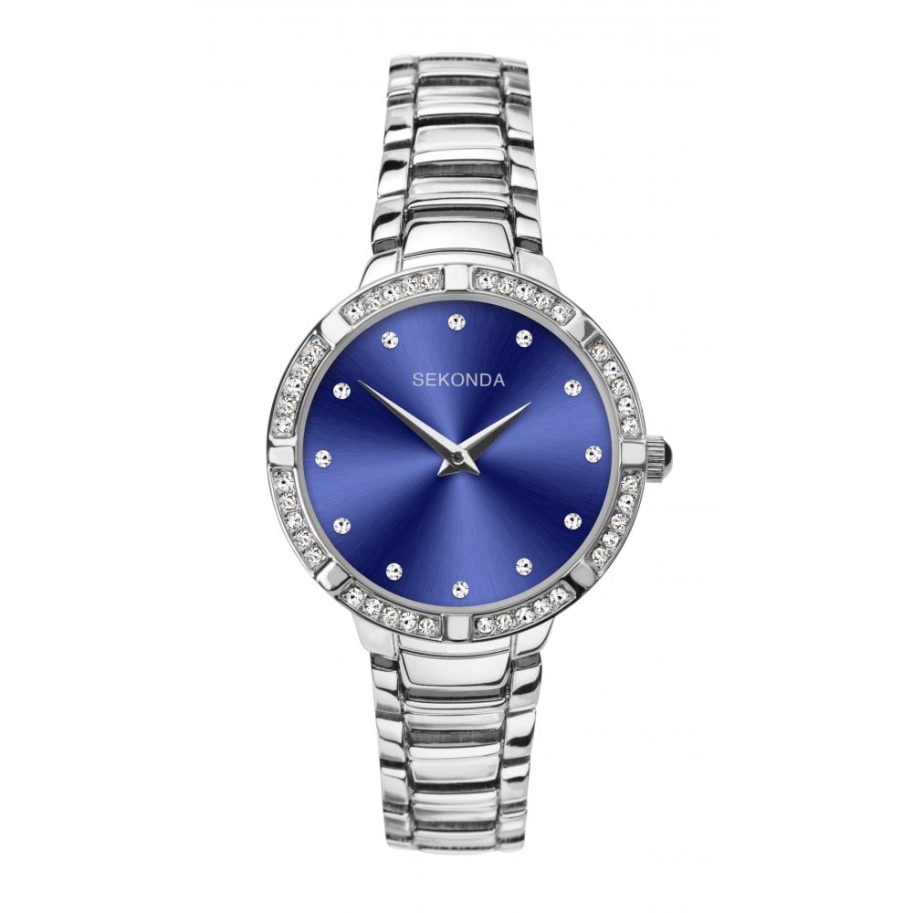 Stainless Steel Bracelet Strap & Case With Stone Set Blue Dial Ladies Watch