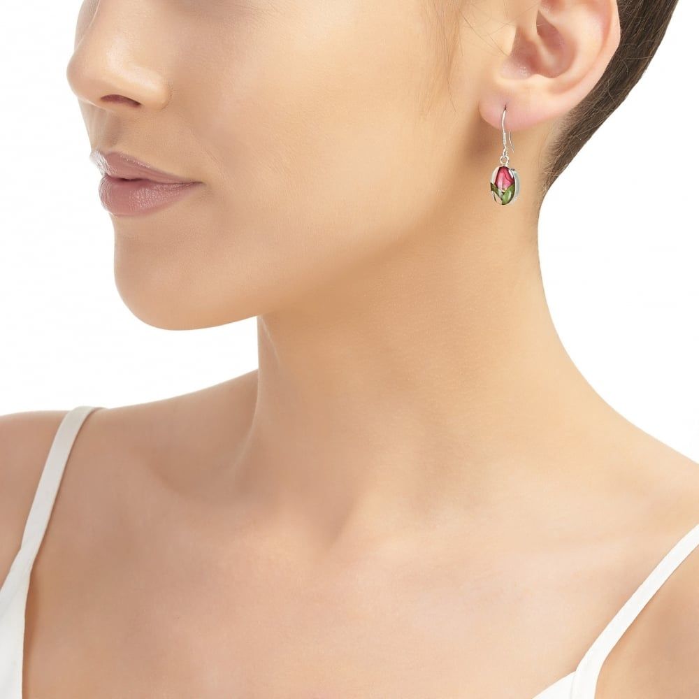 Silver Drop Earrings - Rose Bud - Oval