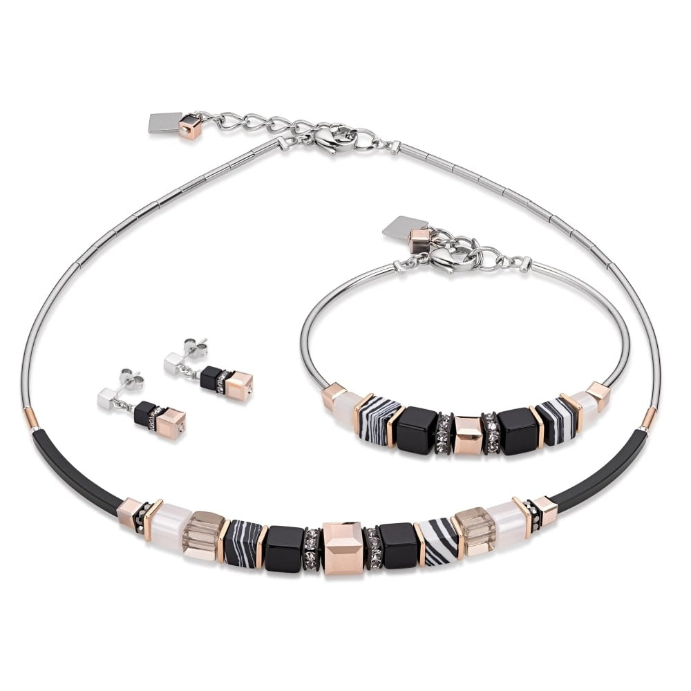 Black/Gold/ Striped Geo Cube Bracelet, Earrings and Necklace