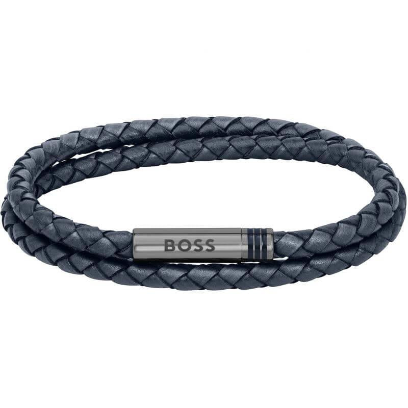 Ares Navy Blue Double Wrap Leather Mens Bracelet