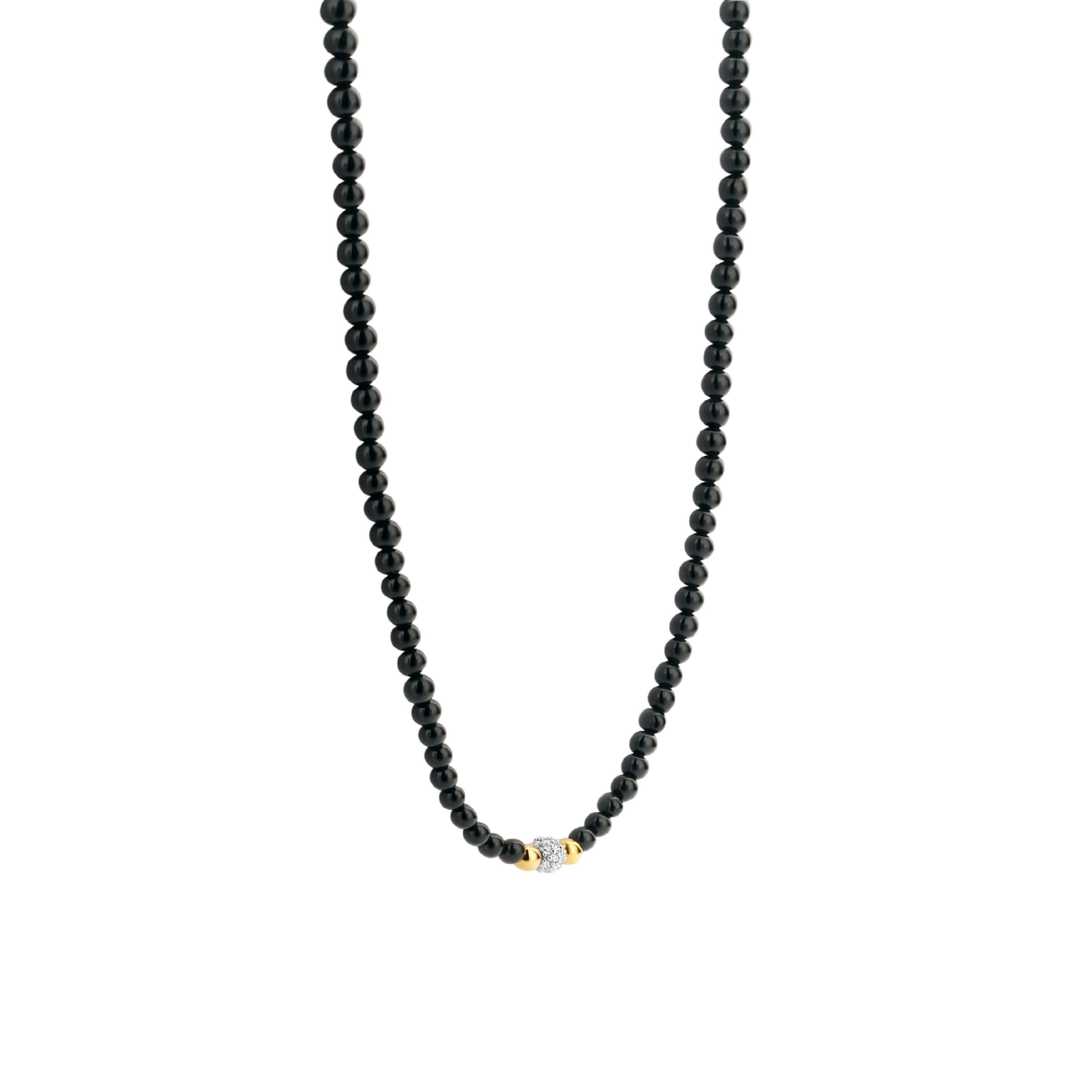 Black Onyx Stones With CZ & Gold Tone Beads Necklace