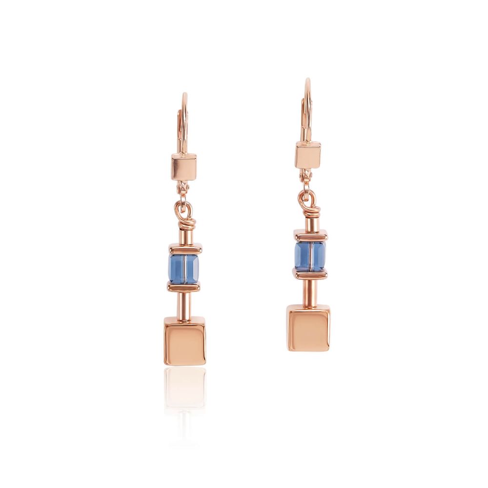 Blue Geo Cube & Rose Gold Plated Chain Earrings