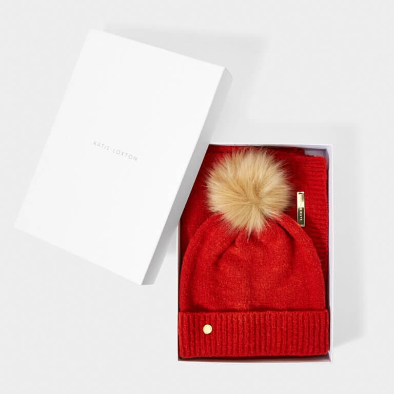 Boxed Fine Knitted Hat & Scarf | Red