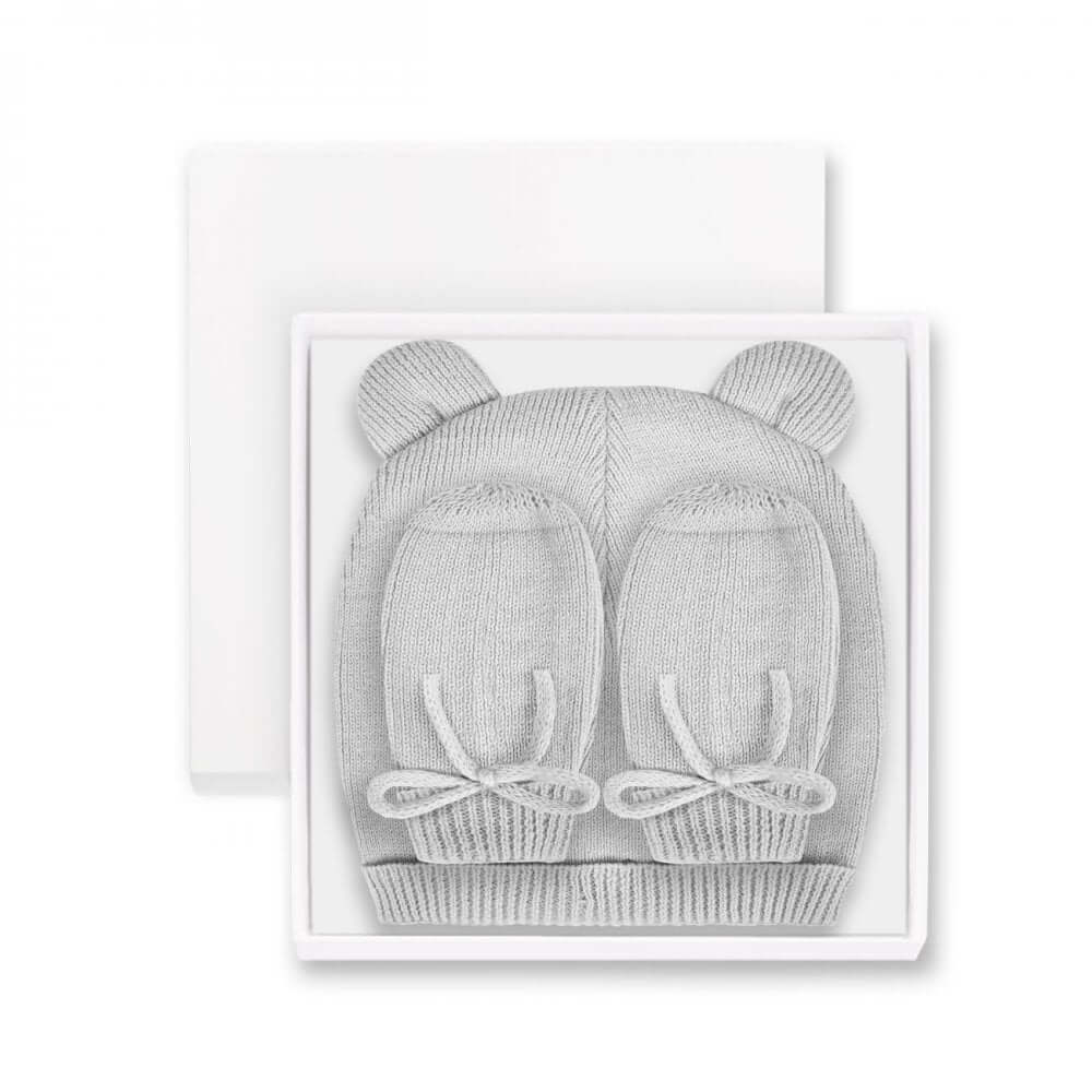 Beautifully Boxed Fine Knit Baby Hat And Mittens Set | Grey