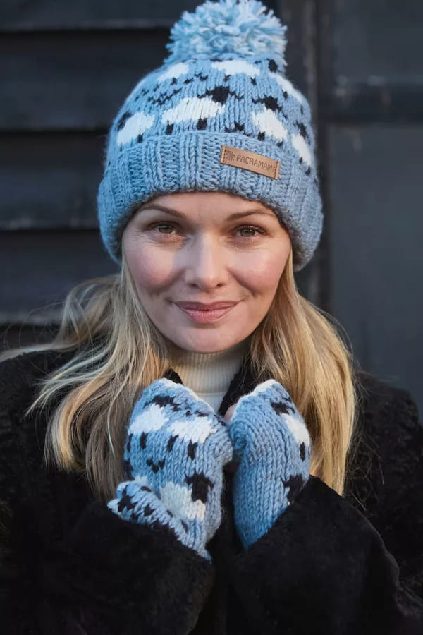 Merino Sheep Roll Back Bobble Beanie Blue