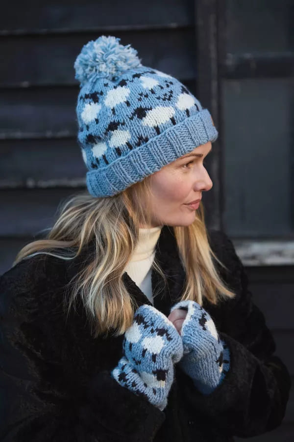 Merino Sheep Roll Back Bobble Beanie Blue