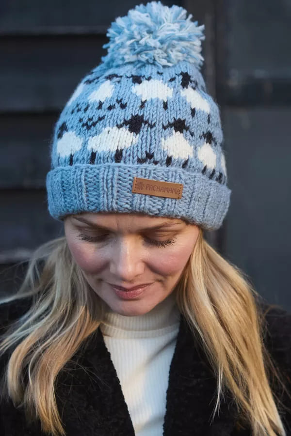 Merino Sheep Roll Back Bobble Beanie Blue