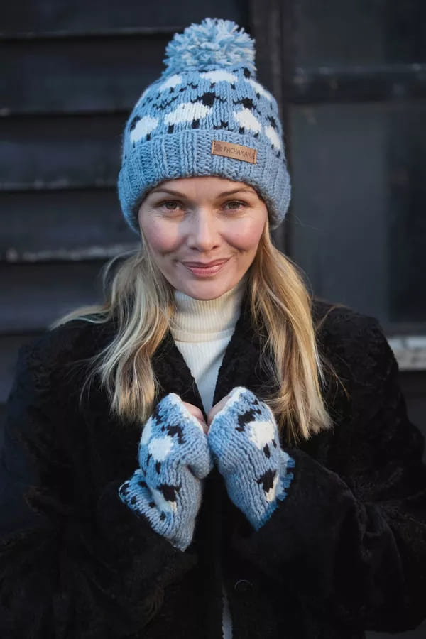 Merino Sheep Roll Back Bobble Beanie Blue