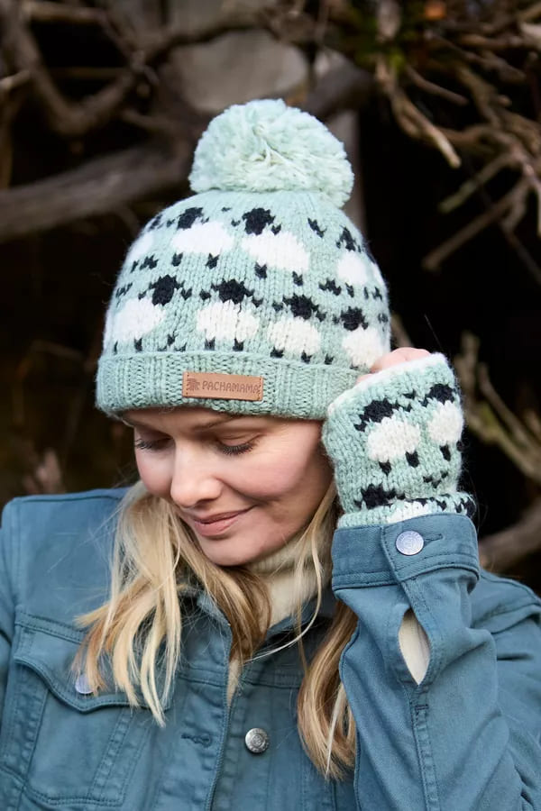 Merino Sheep Roll Back Bobble Beanie Green