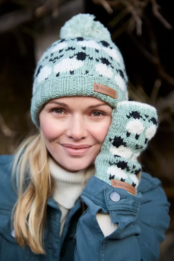 Merino Sheep Roll Back Bobble Beanie Green