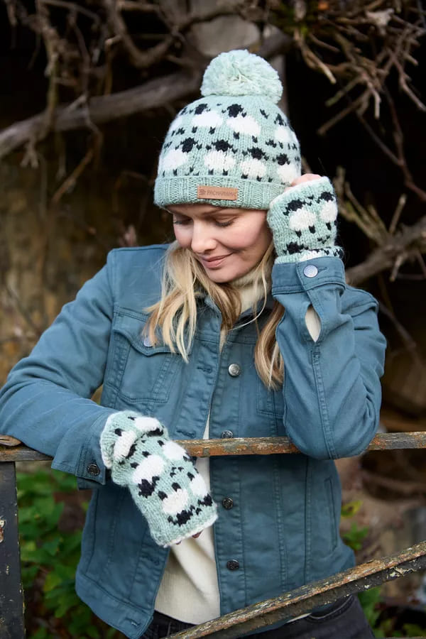 Merino Sheep Roll Back Bobble Beanie Green