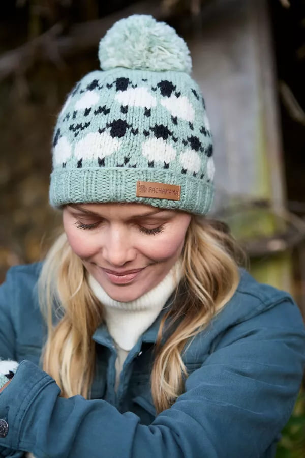 Merino Sheep Roll Back Bobble Beanie Green