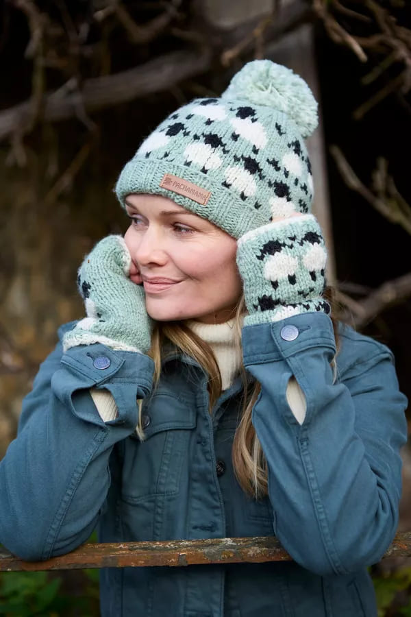 Merino Sheep Roll Back Bobble Beanie Green