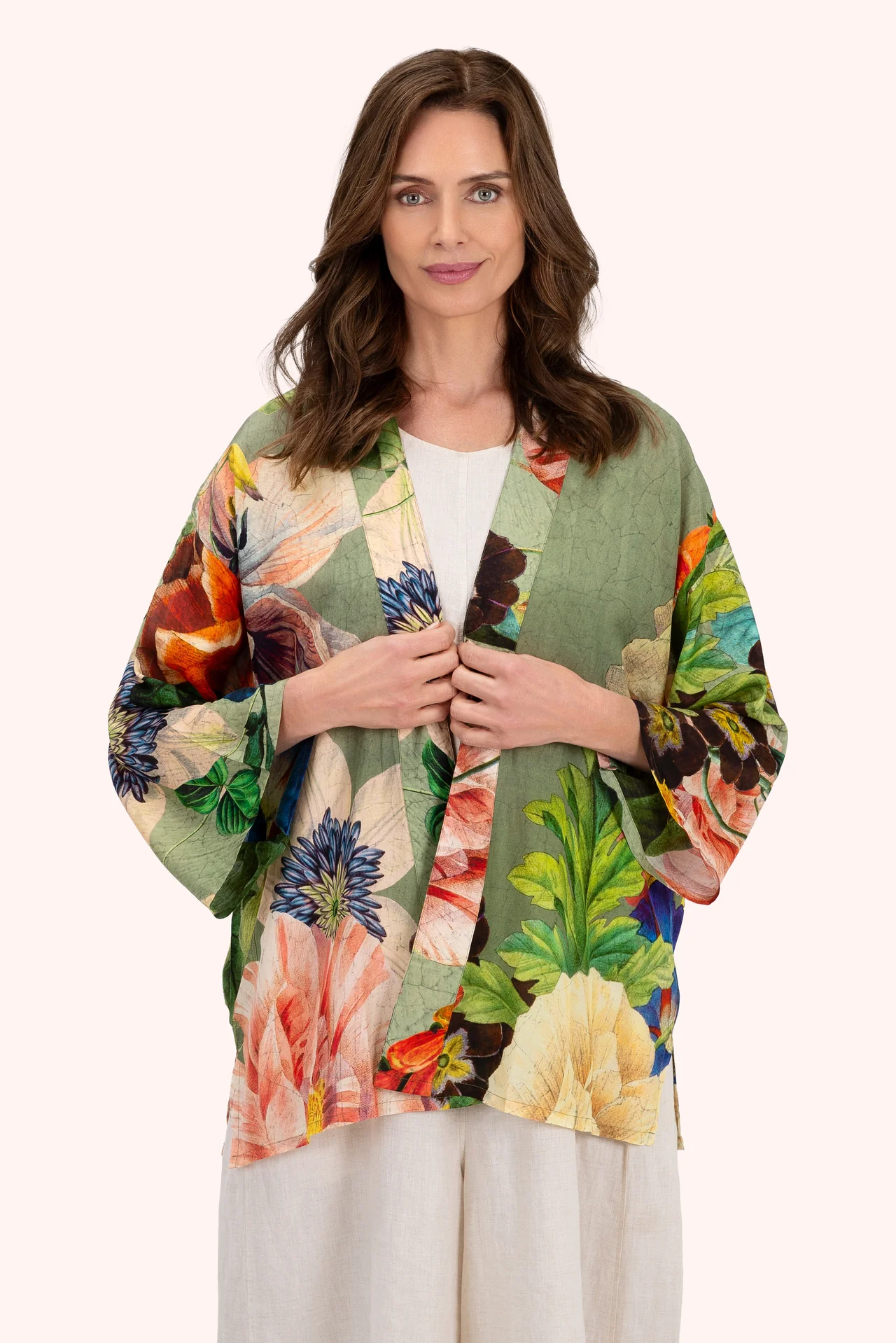 Mid-Length Kimono - Botanical Bouque - Sage
