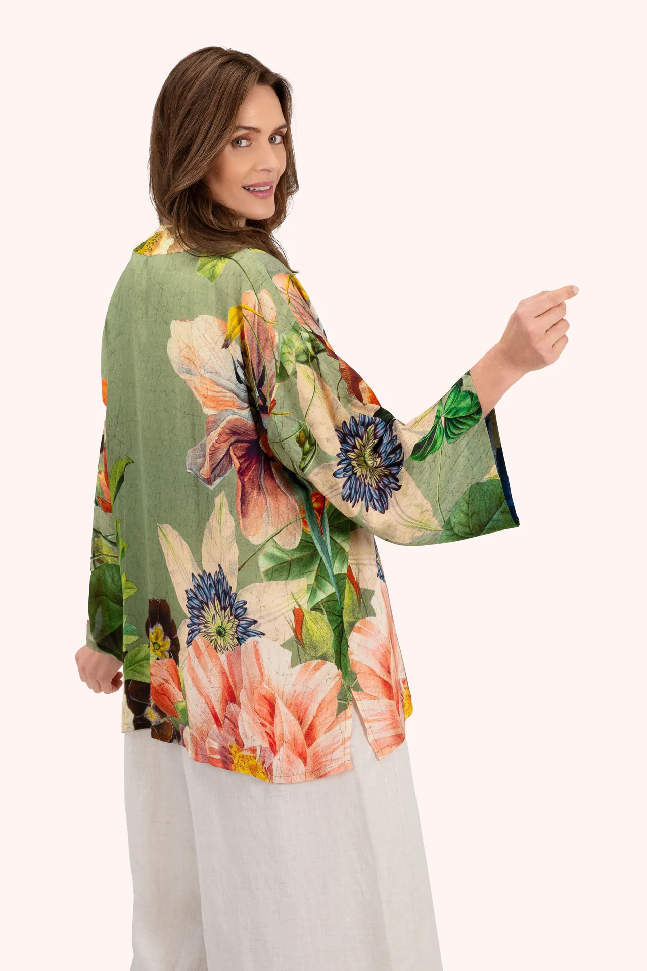 Mid-Length Kimono - Botanical Bouque - Sage