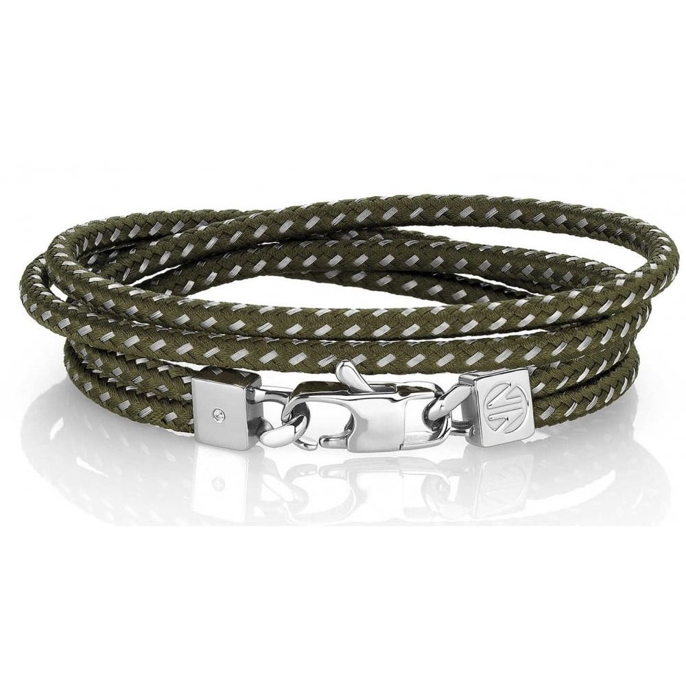 Tribe Stainless Steel, Fabric & CZ Green Long Bracelet