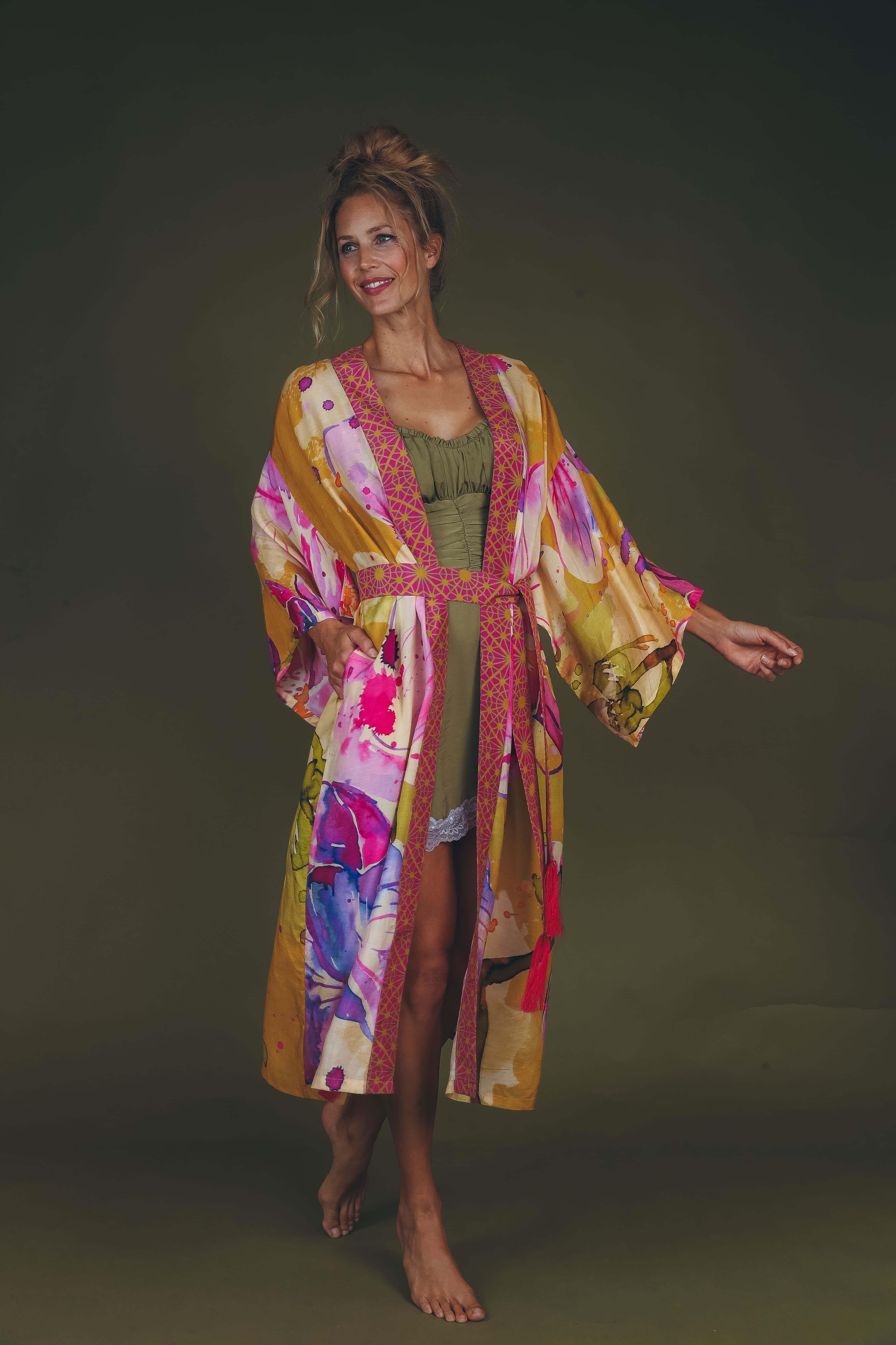 PRINTED KIMONO GOWN - Mustard Orchid