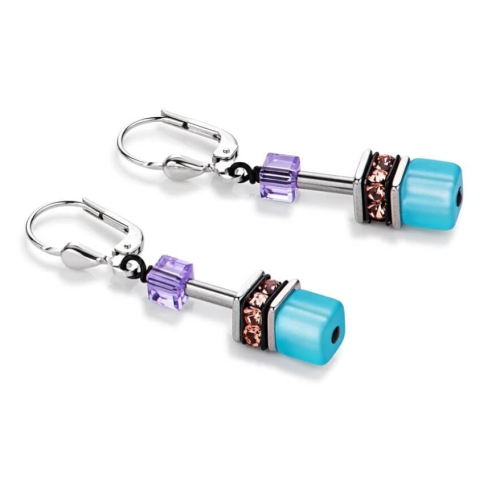 Geo Cube Turquoise And Orange Leverback Earrings
