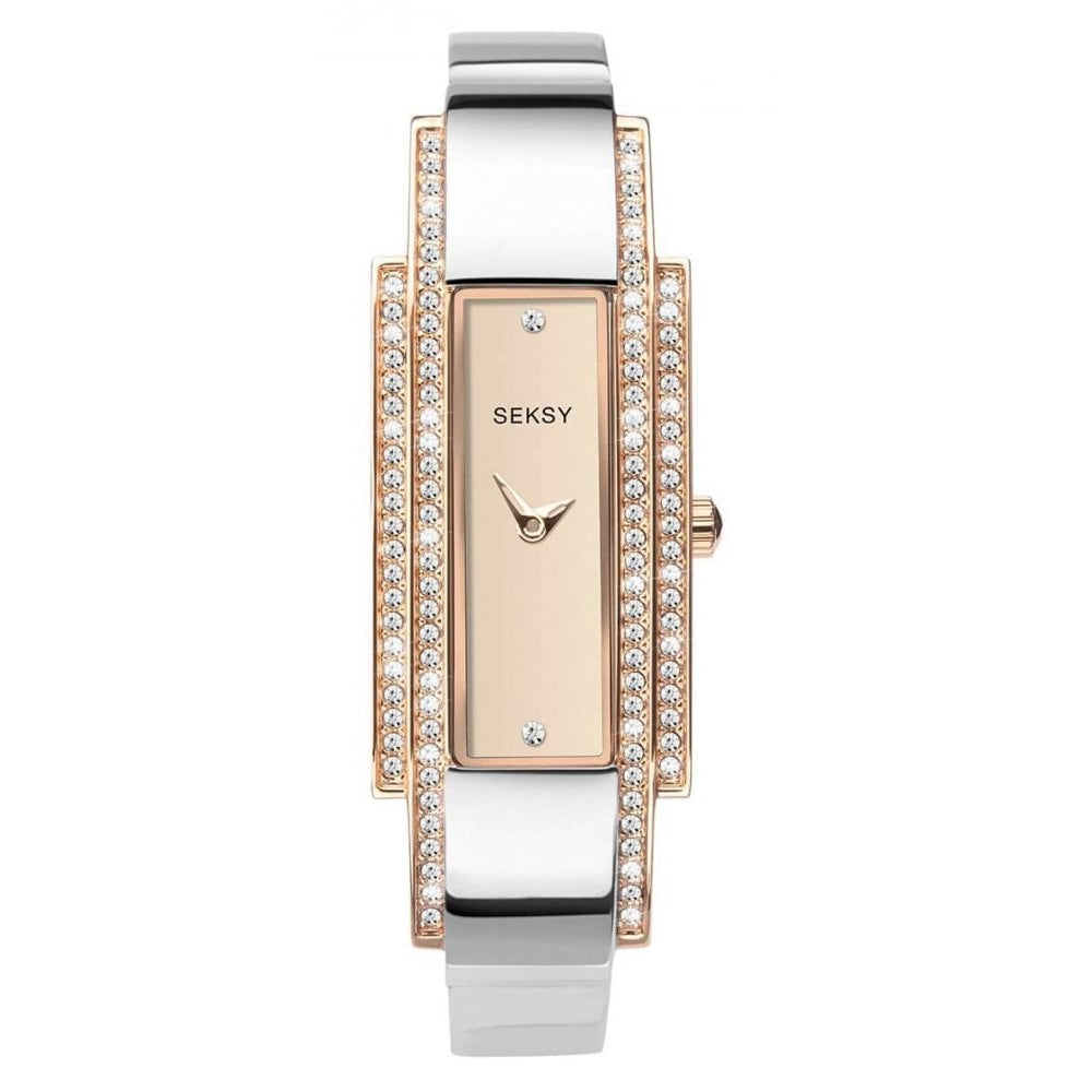 Stainless Steel Bracelet & Two Tone Rectangular Case With Pink Stone Set Dial Ladies Watch