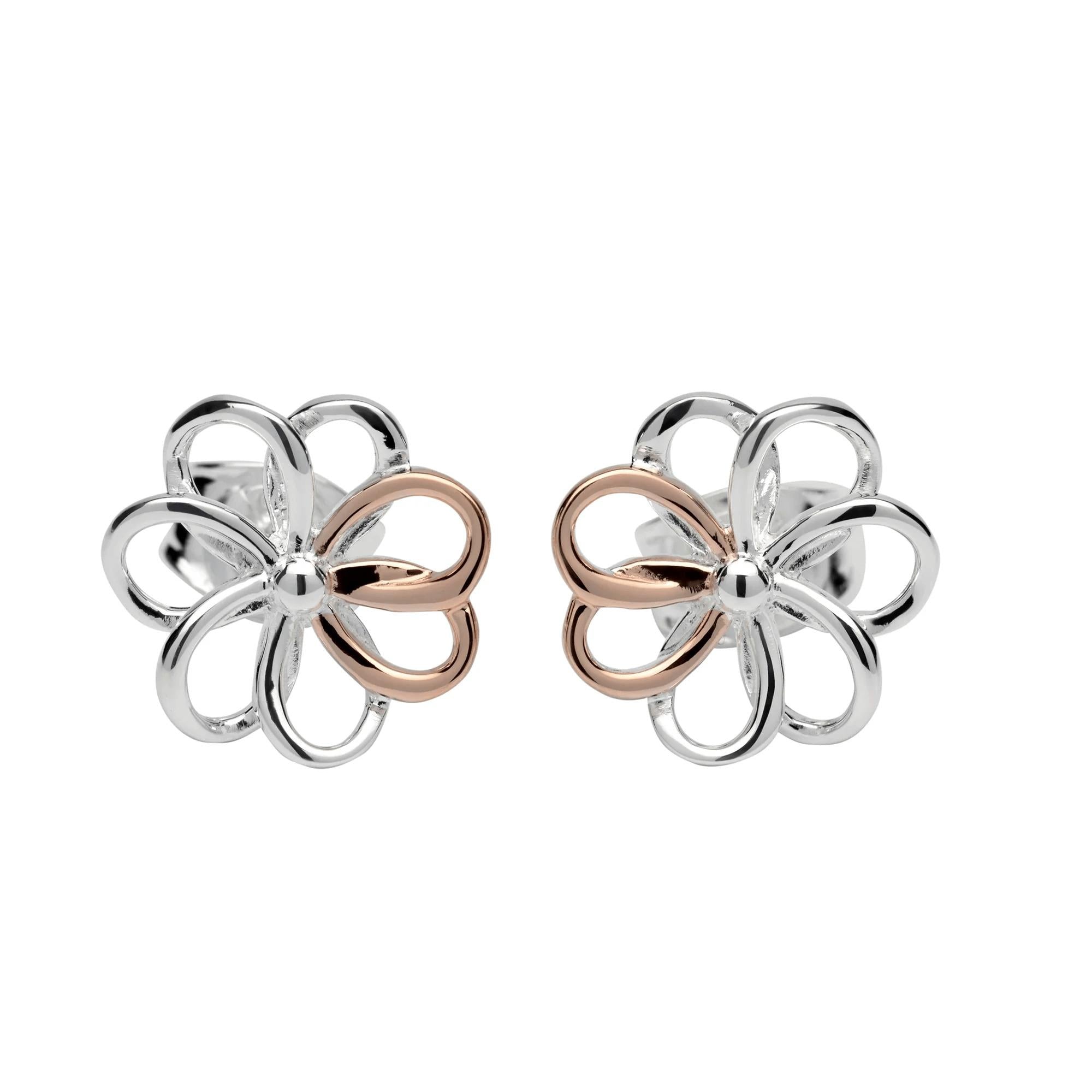 Sterling Silver Flower Stud Earrings with Rose Gold Plating