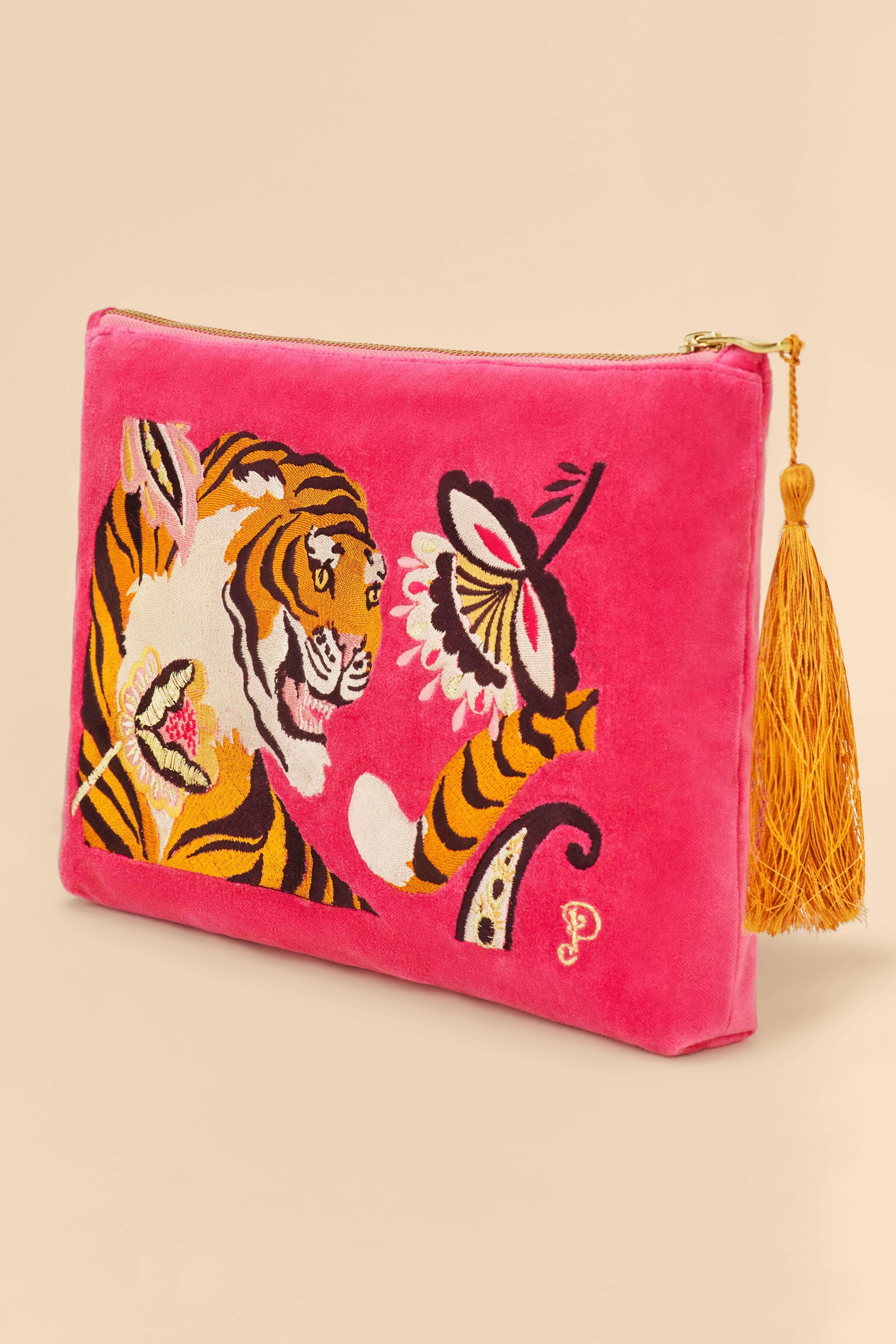 Velvet Embroidered Zip Pouch - Thrill of the Tiger