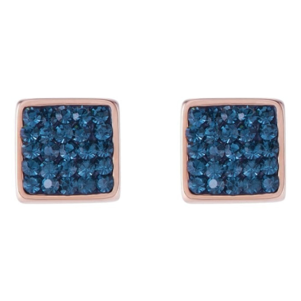 Rose Gold Plated Square Earrings with Stickpin & Blue Swarovski Crystals