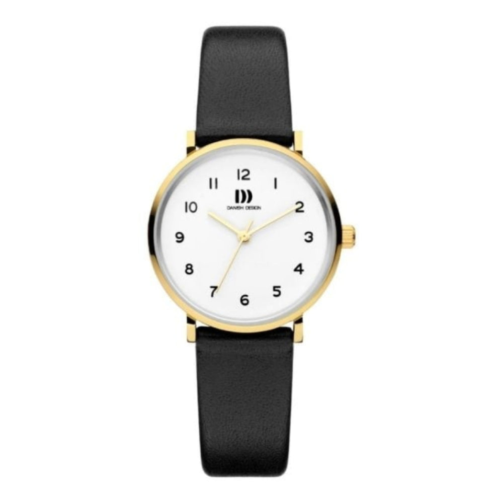 Danish Design Ladies Gold Stainless Steel Black Leather Strap Watch