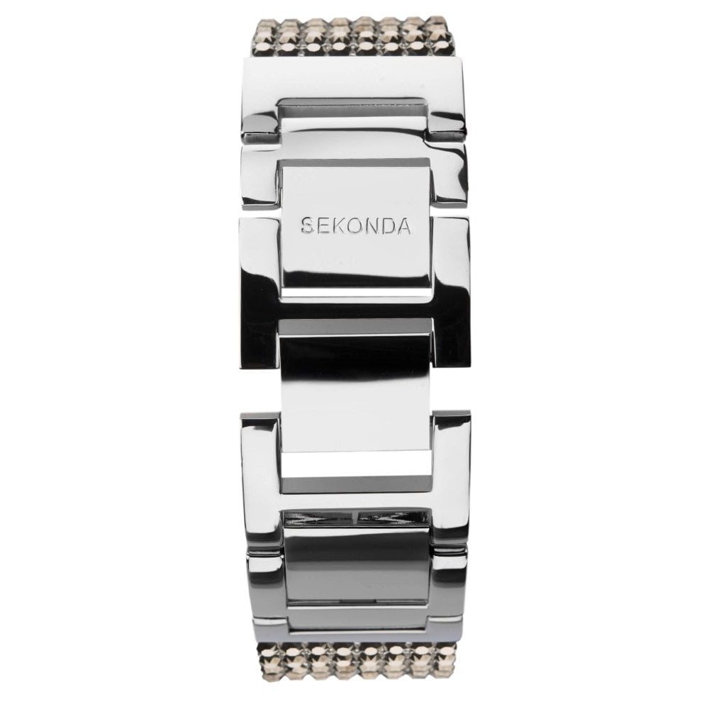 Shimmer Rhodium Plated Case With Grey Dial & White Leather Strap With Crystals Ladies Watch