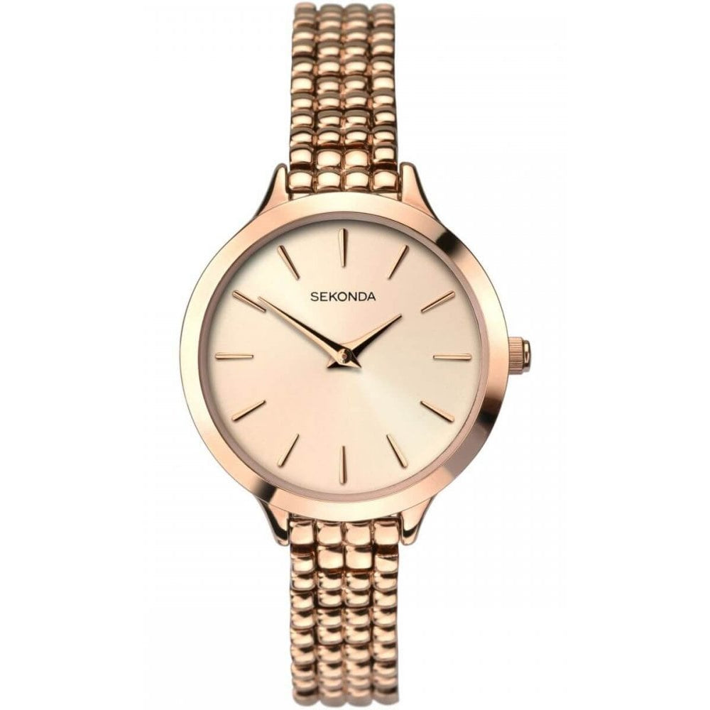 Rose Gold Plated Case & Dial With Beaded Bracelet Strap Ladies Watch