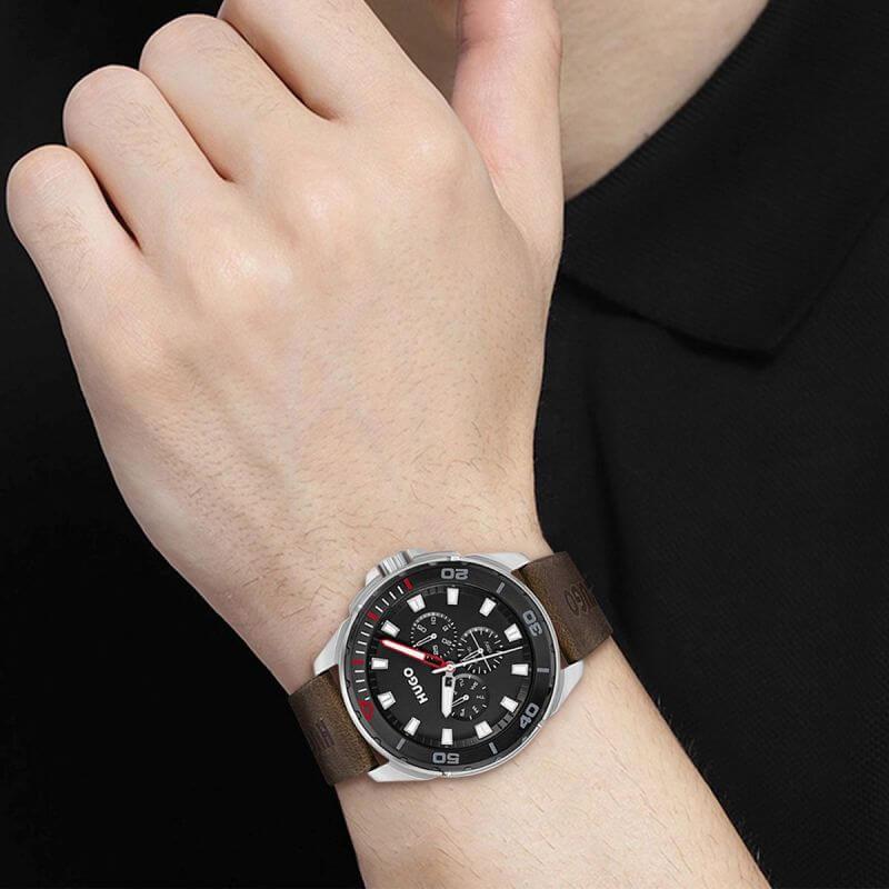 #FRESH Brown Leather Strap Black Chronograph Dial Gents Watch