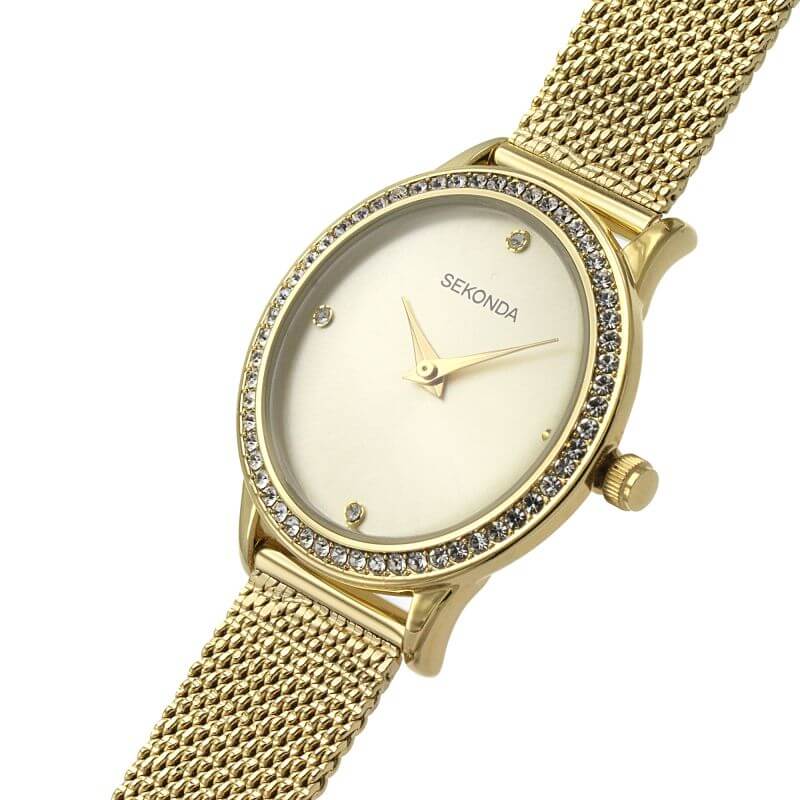 Gold Plated Stone Set Dial & Mesh Bracelet Strap Ladies Watch