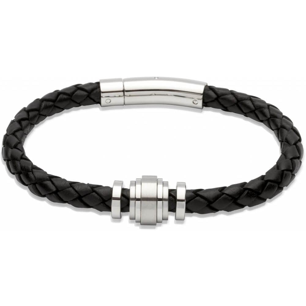 Black Leather Chrome Steel Elements and Clasp Bracelet