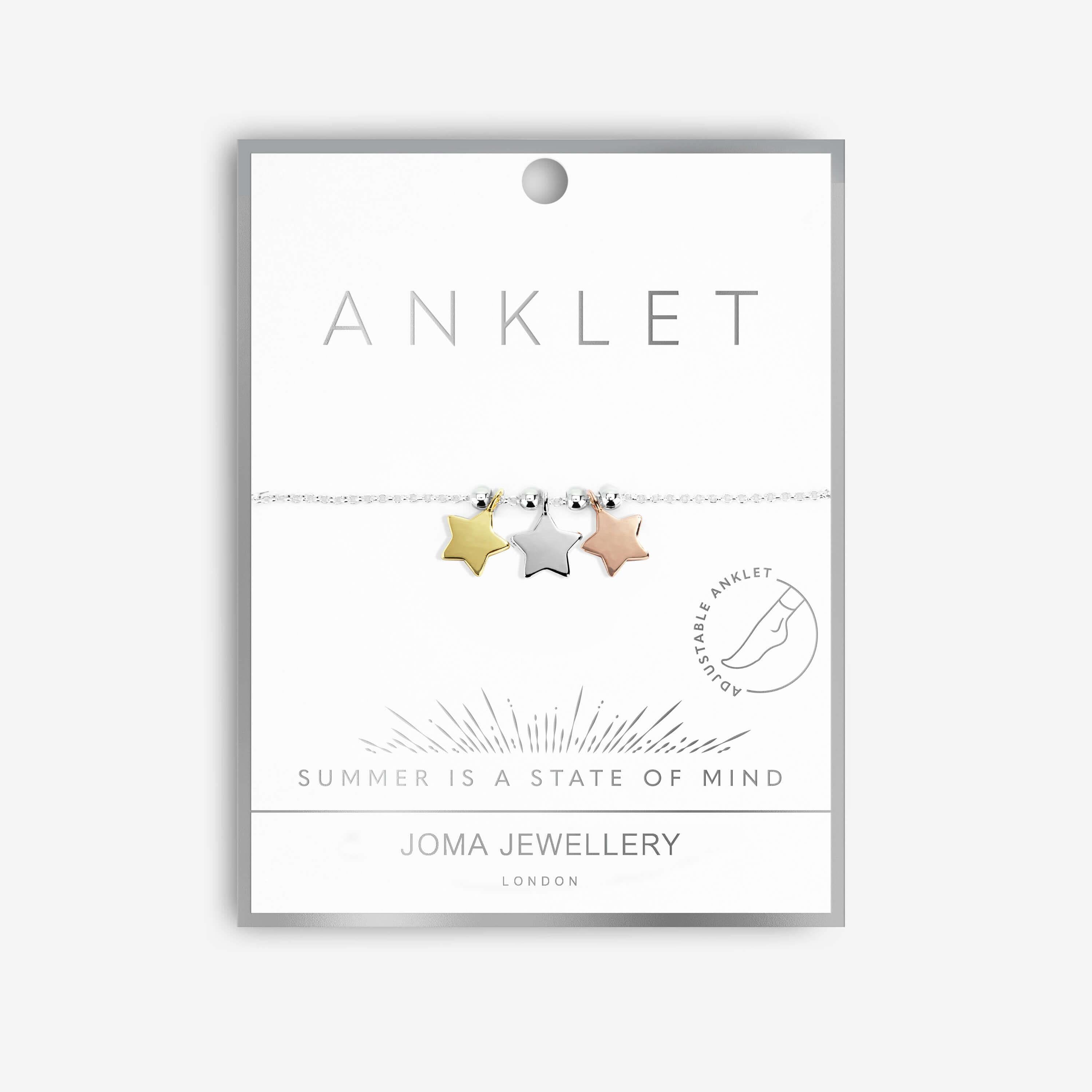 Anklet | Three Tone Stars | Silver, Rose Gold And Gold | 26cm Adjustable