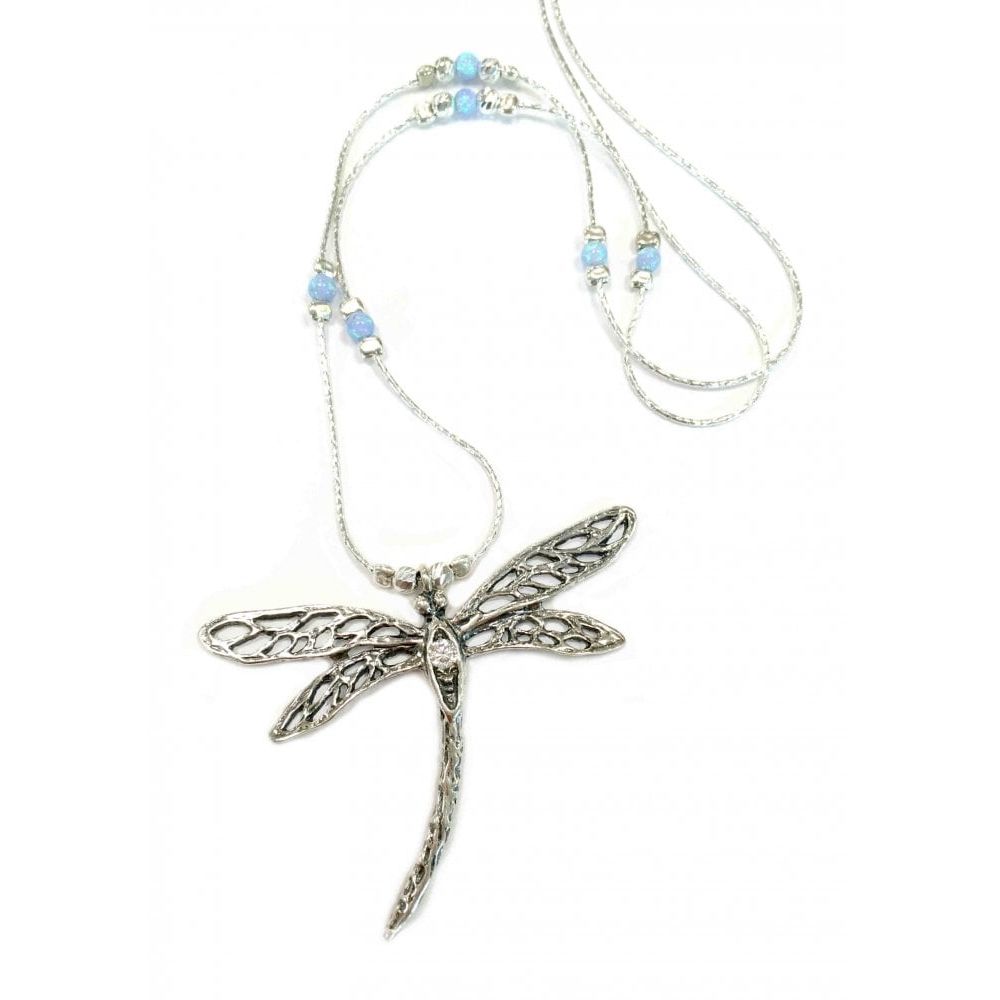 Large Dragonfly Necklace With Opal & Silver Beads