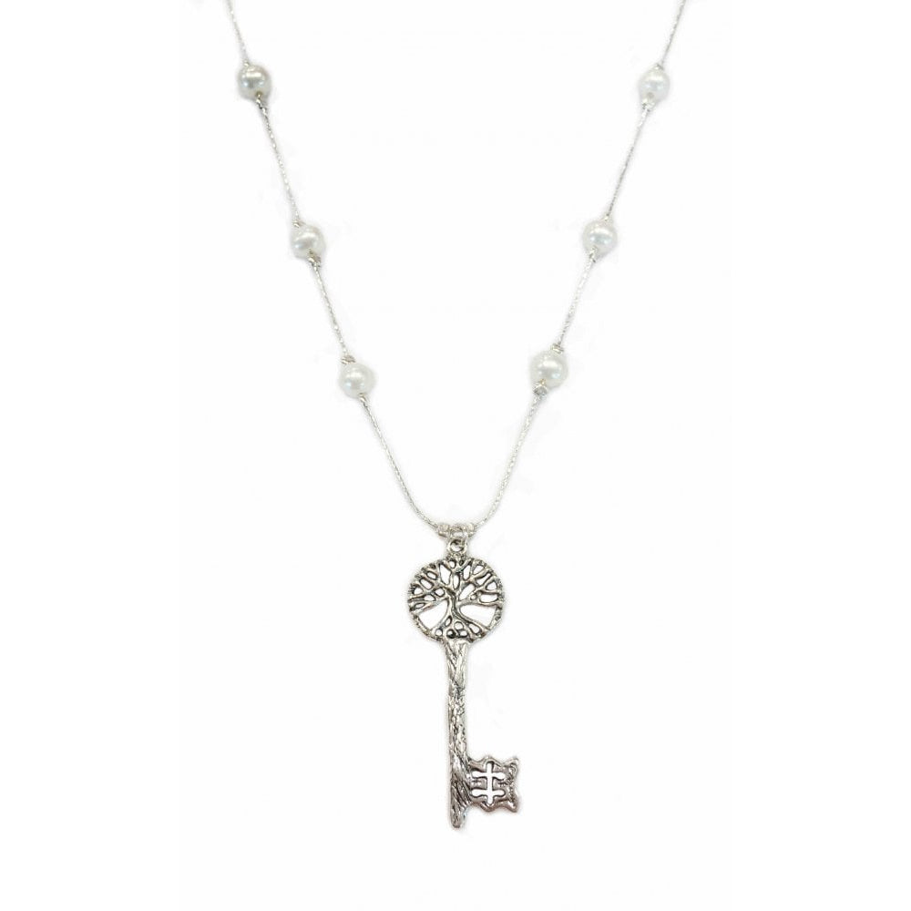 Necklace- Pretty Key-Tree Of Life Pendant With Freshwater Pearl
