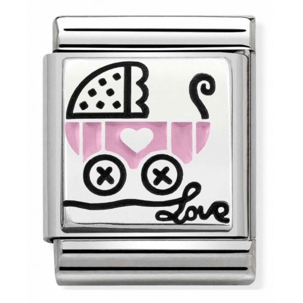 Composable Oxidised Pink Pram Stainless Steel, Enamel And Sterling Silver Big Charm