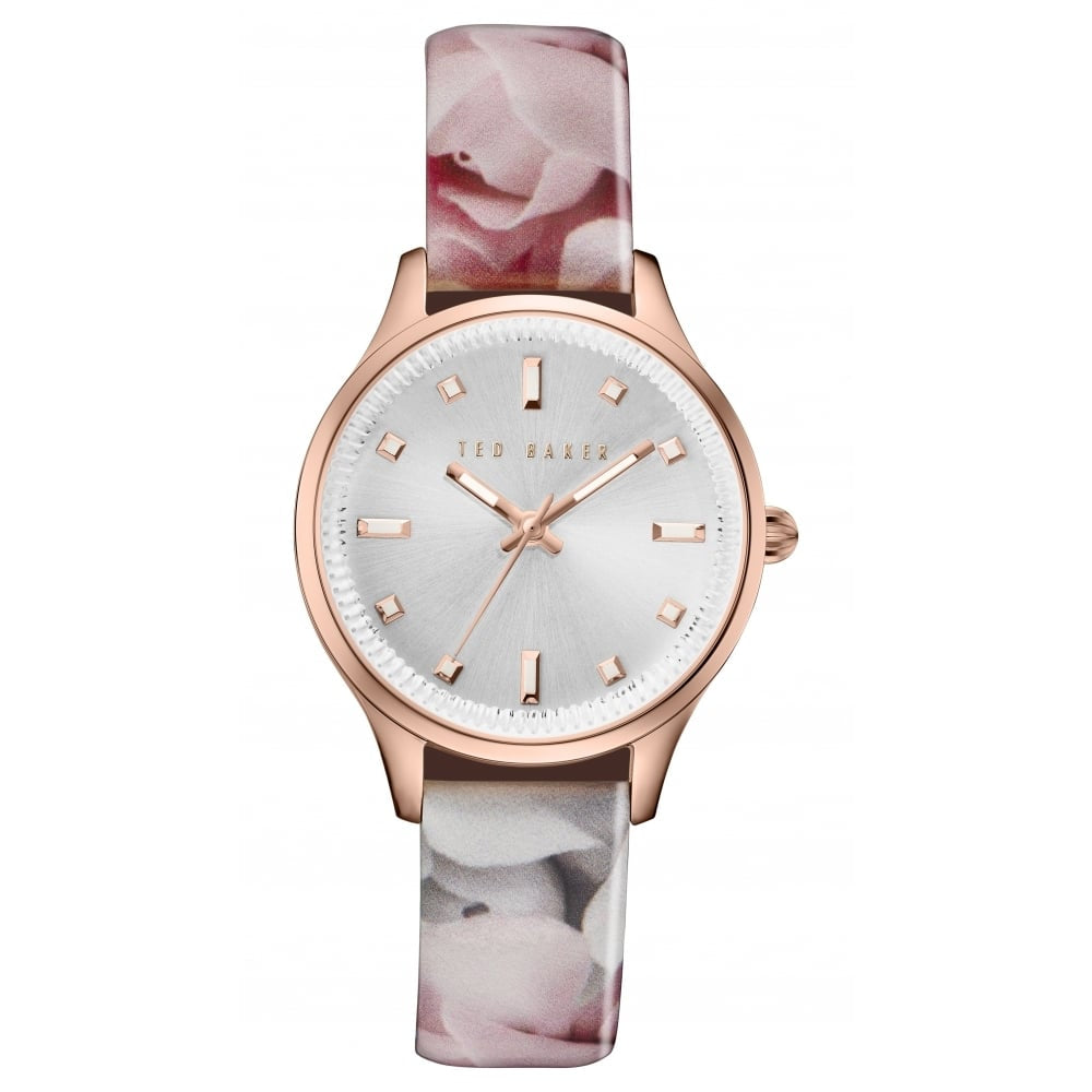 Pink Rose Floral Print Leather Rose Gold Watch
