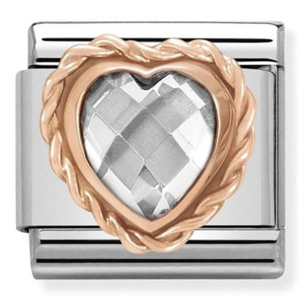 Classic Rose Gold Faceted Heart With White CZ Stone & Stainless Steel Link