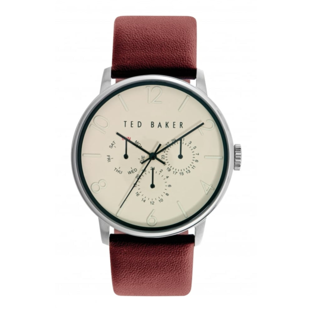 Red Leather Chrome Plated Multi Dial Watch