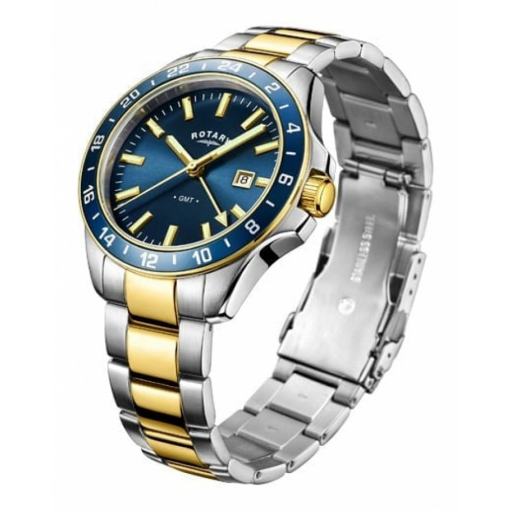 Two Tone Gold Plated, Blue Dial & GMT Gents Bracelet Wristwatch