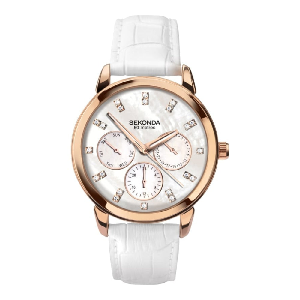 Ladies White Leather Chronograph Watch