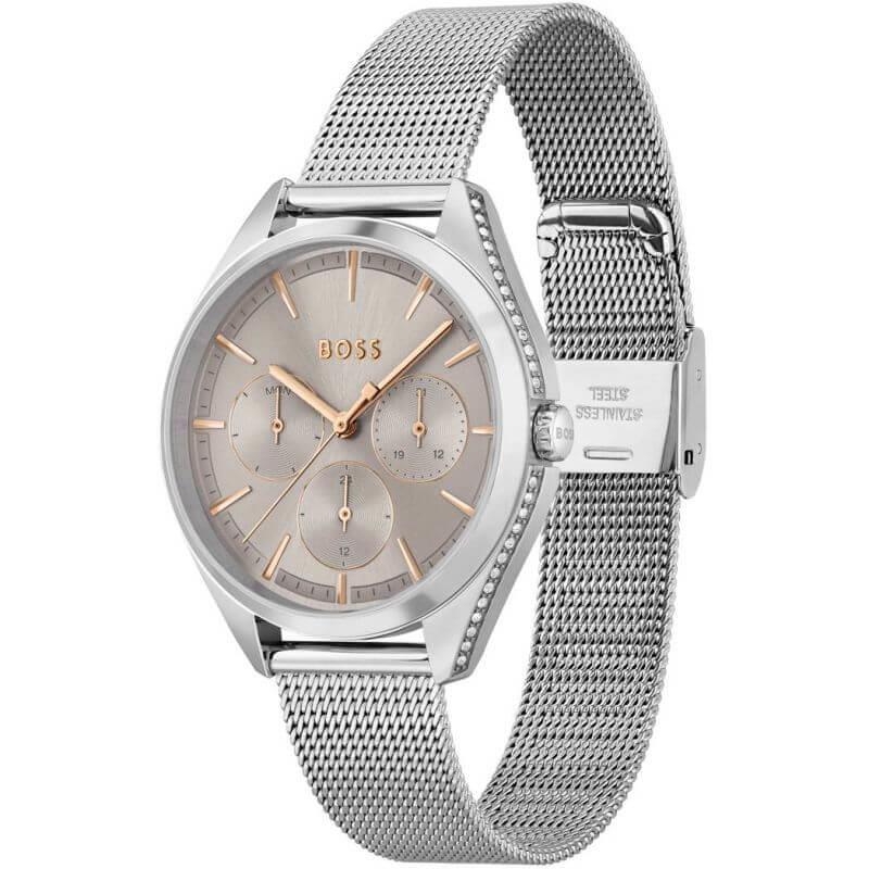 Saya Beige Dial Stainless Steel Mesh Bracelet Multifunction Ladies Watch
