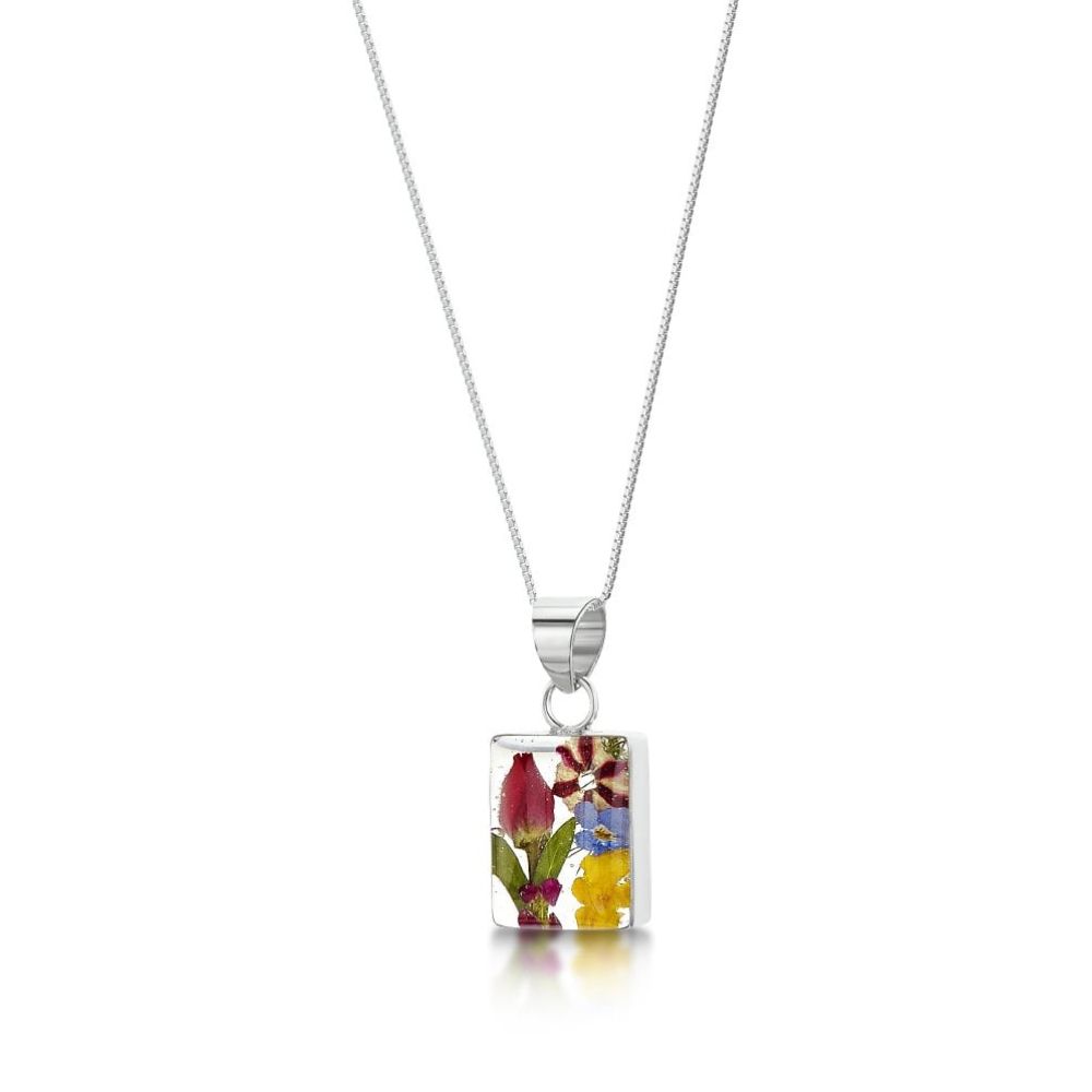 Silver Pendant - Mixed Flower - Rectangle