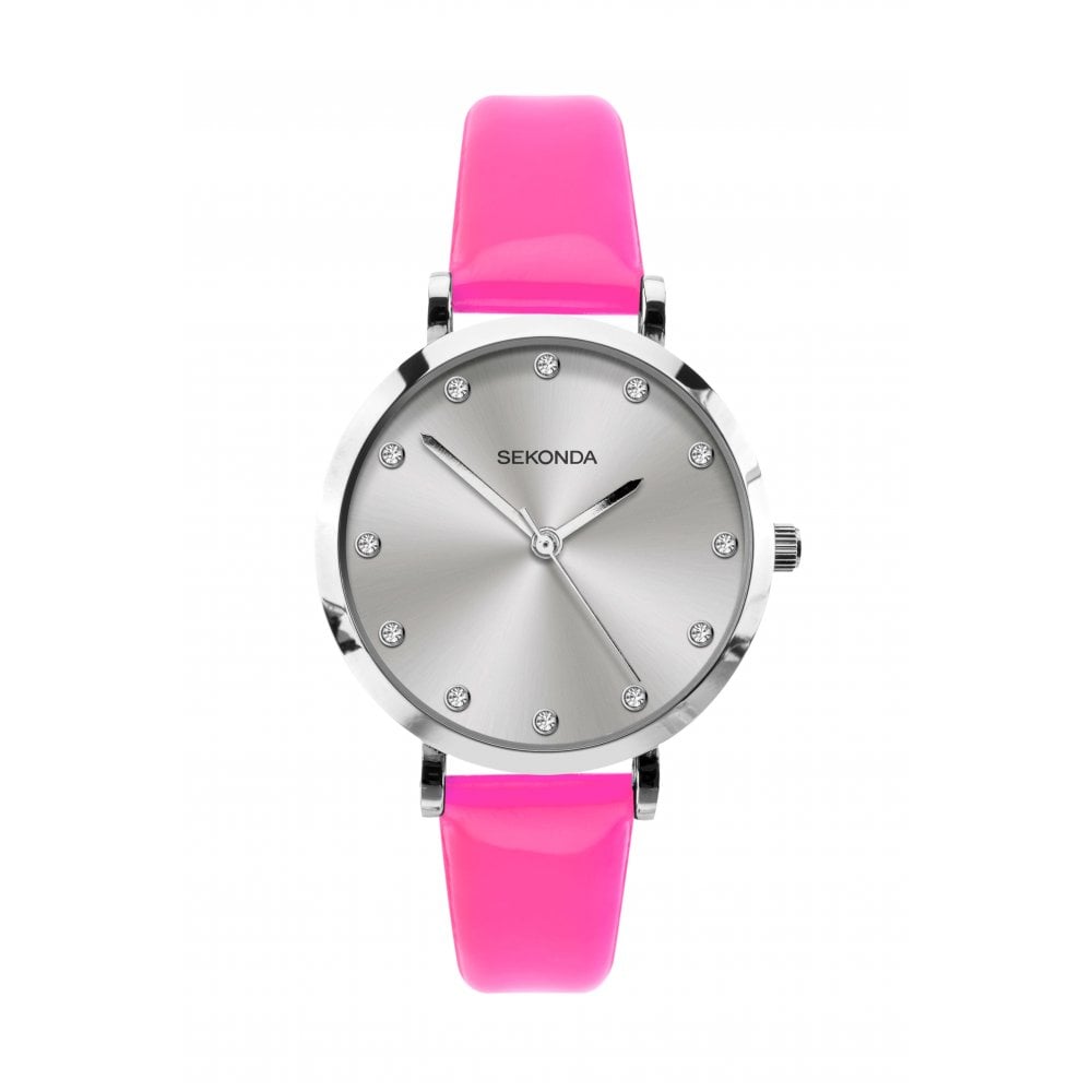 Stainless Steel Stone Set Dial With Neon Pink PU Strap Ladies Watch