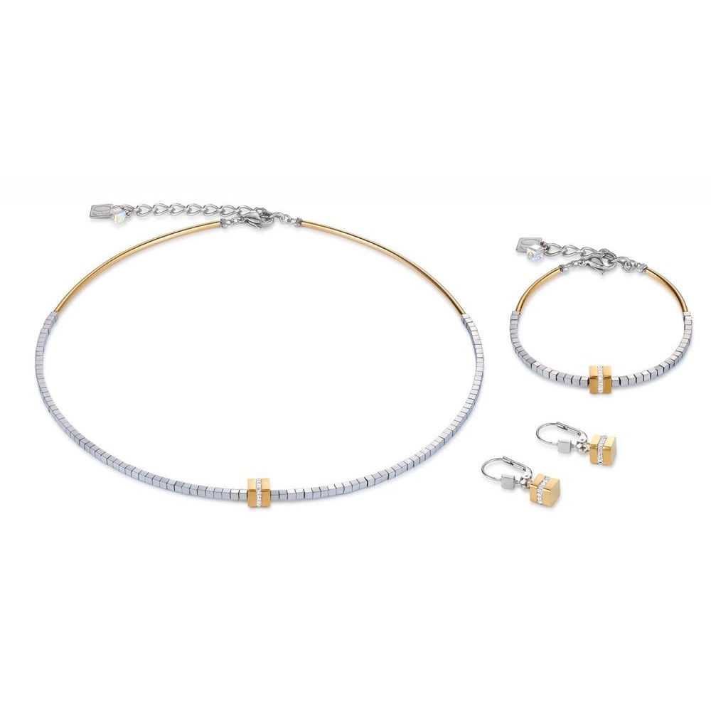 Gold Cube Pendant Haematite Silver Bracelet