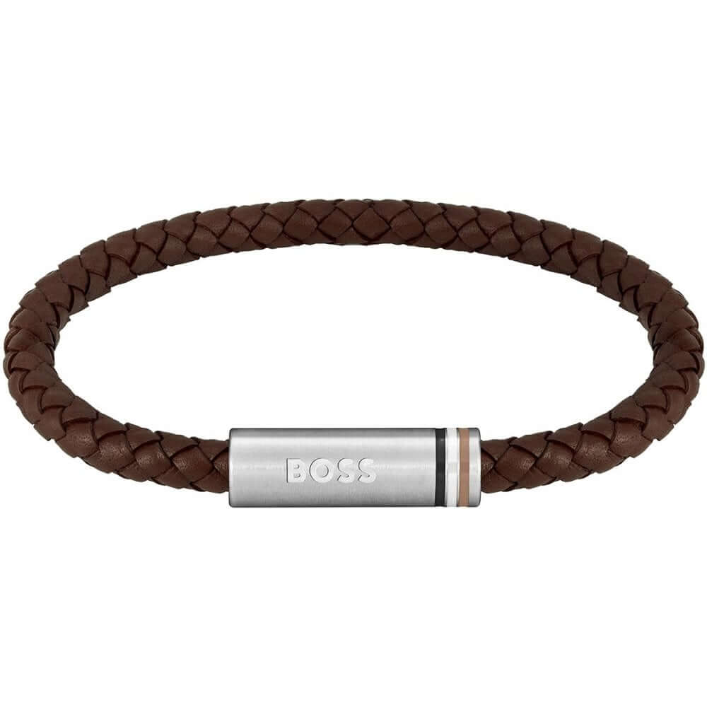 Ares Braided Brown Leather Steel Clasp Gents Bracelet