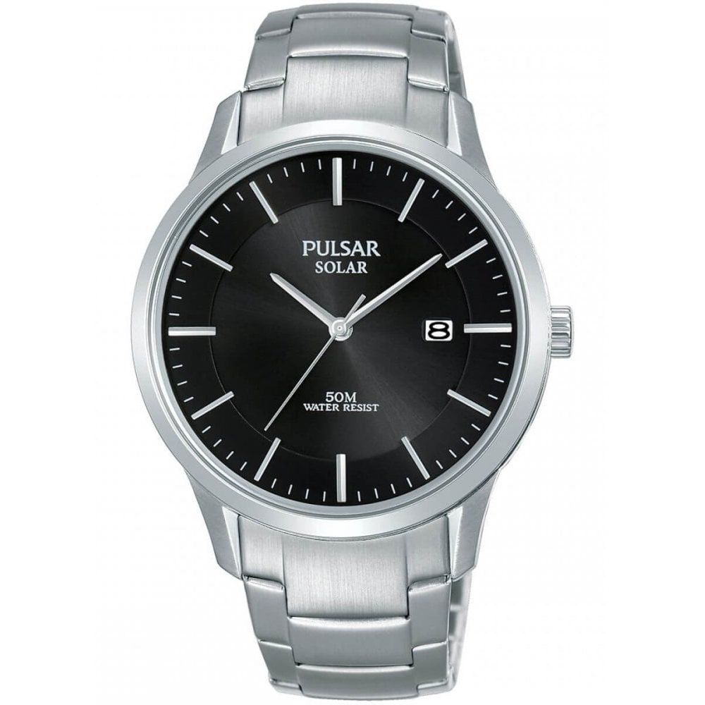 Stainless Steel Case With Black Date Display Dial & Steel Bracelet Strap, Solar Power Gents Watch