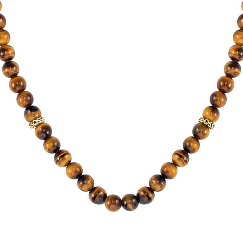 Sphere Stones Tiger's Eye Beads Gold Plated Gents Necklace